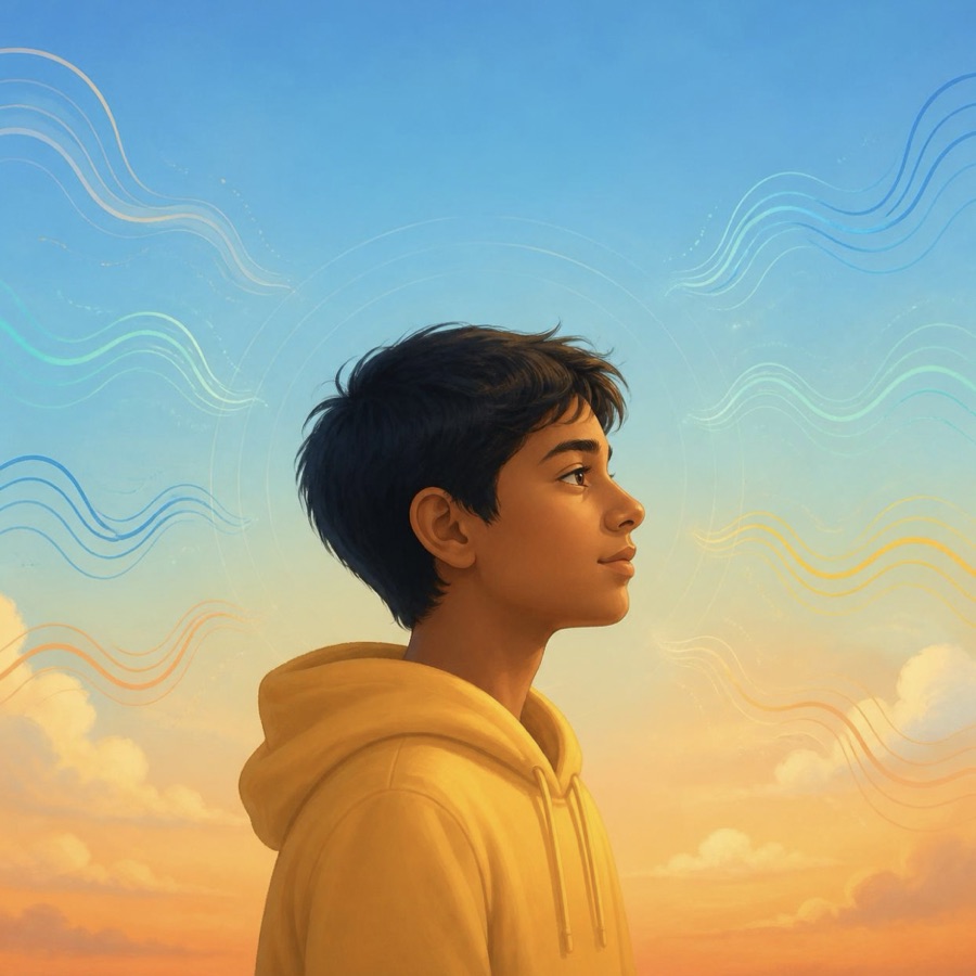 A teenager in a yellow hoodie looks up at a sunrise sky while sound waves drift in from all sides